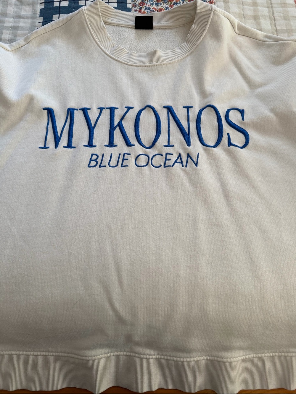 Mykonos Blue Ocean White Embroidered Crewneck Sweatshirt